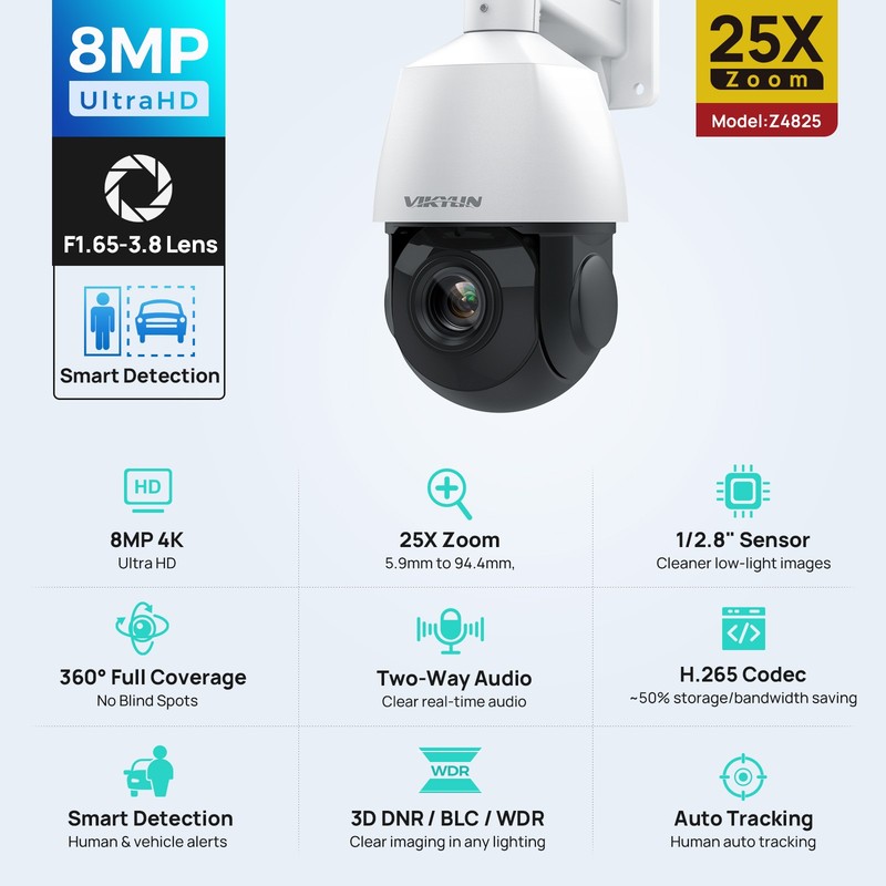Vikylin 4K 8MP 25X Zoom PoE Security Camera PTZ Auto Tracking Outdoor 2Way Audio gallery