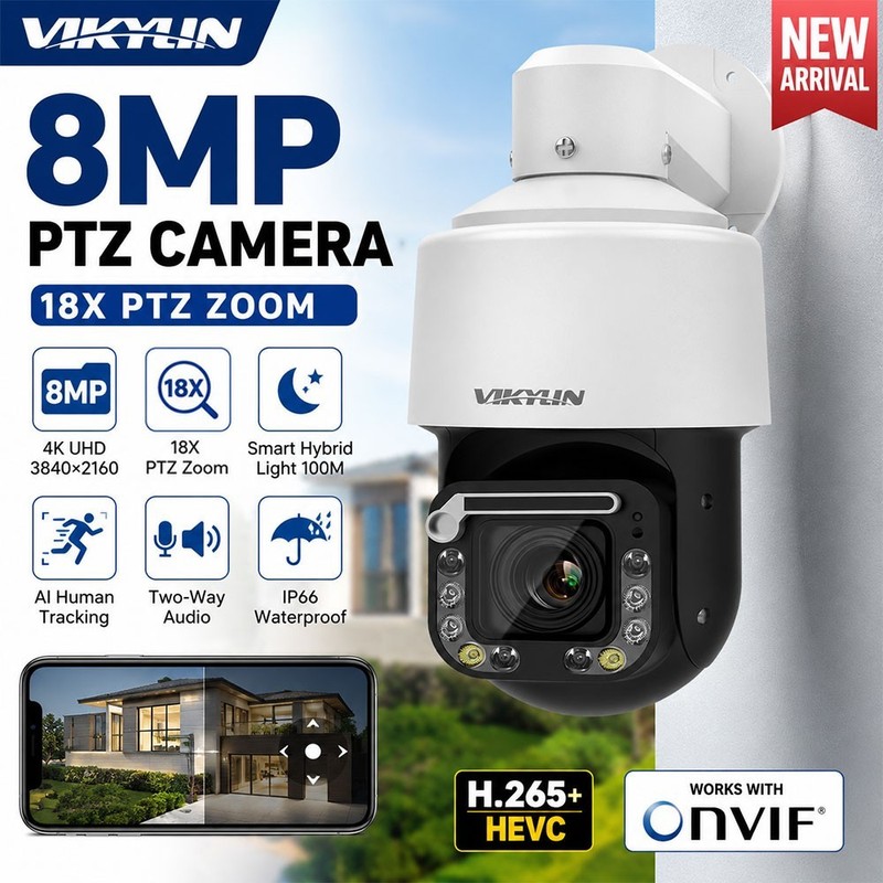 VIKYLIN 18X PTZ Camera Human Auto Tracking PoE Camera 8MP 2-Way Audio with Wiper