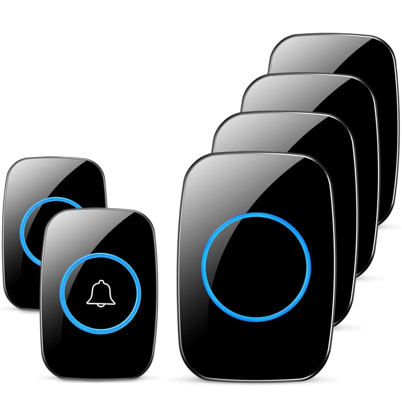 Wireless Doorbell, 2 Push Button + 4 Plug-In Receiver, Black