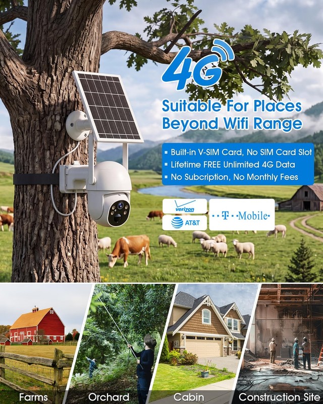 4G LTE Cellular Solar Security Camera, Lifetime Free Unlimited Data, No Month... gallery