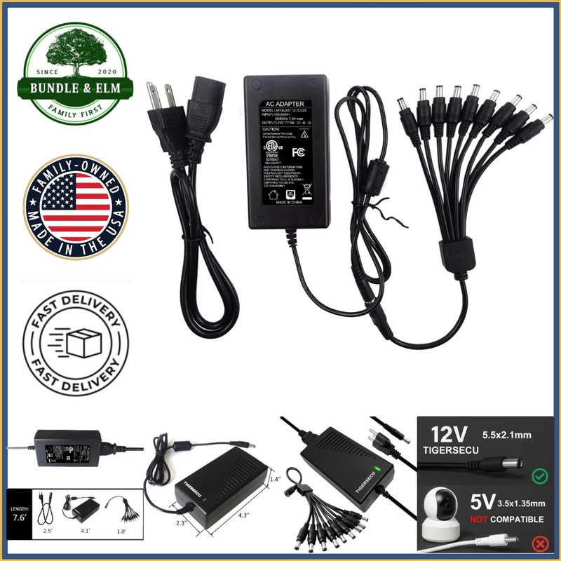 9-Way Power Splitter Cable with 12V 5A Adapter for Security Camera Systems