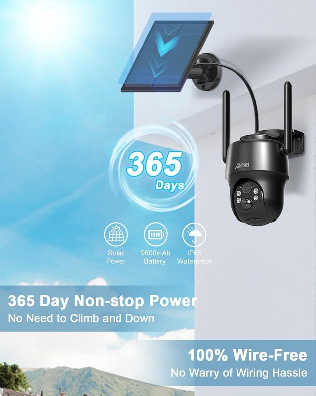 ANRAN Wireless Security Camera Outdoor Solar/Battery Home WiFi PIR 360° PTZ 5MP gallery