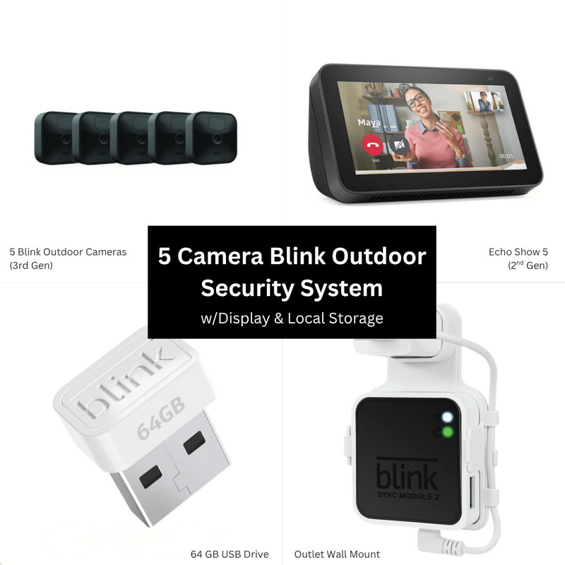 Blink Outdoor Security – 5 Camera Kit w/Echo Show 5 + Local Storage & Wall Mount