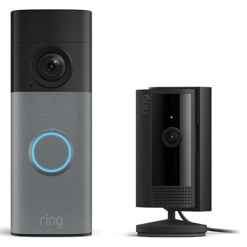 Ring Battery Doorbell (newest model), Speckled Gray with Indoor Cam, Black