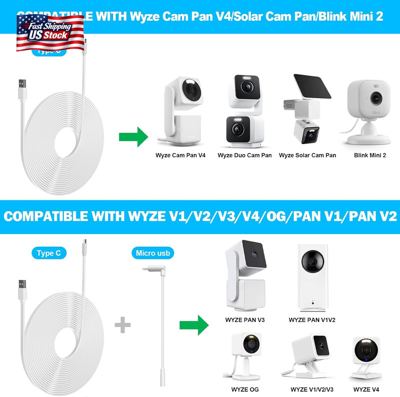 2 Pack 20FT Power Extension Cable Compatible with Wyze Cam V4/V3/Og,Wyze Cam Pan gallery