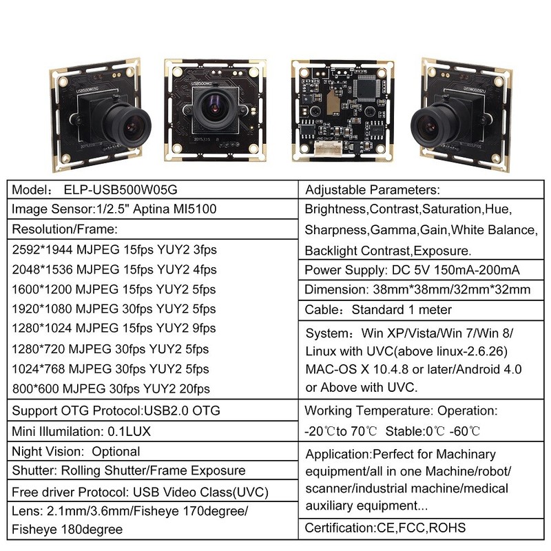 USB Camera with 2.8mm Lens 5MP Aptina MI5100 Free Driver Webcam with 2592x1944 gallery