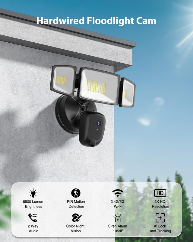 Floodlight Hardwired 6500LM, 2K HD Outdoor with Motion-Activated, 2.4G WiFi, ... gallery