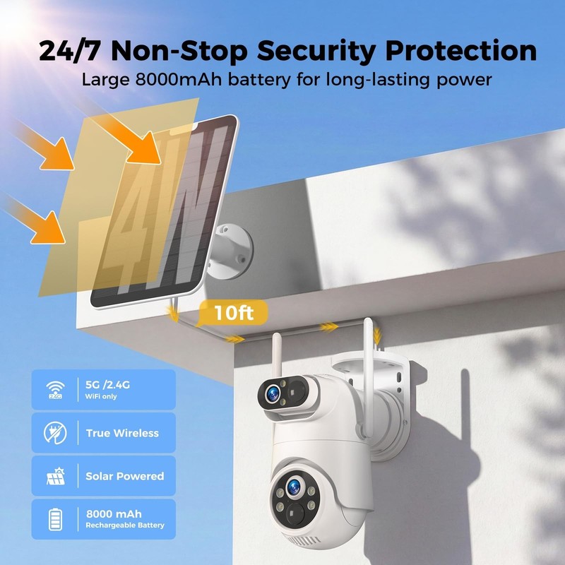 Wireless Dual Lens Solar Security Camera - 2.5K HD, 360° PTZ, PIR Motion, Night gallery