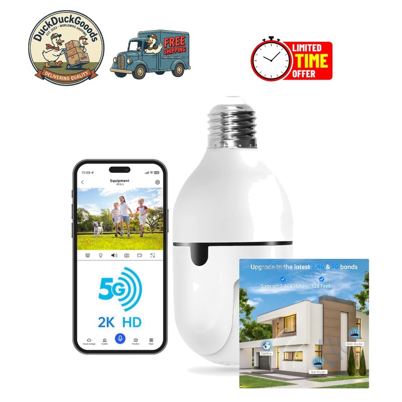Smart 2K Security Camera Bulb with Motion Detection, Night Vision, and Alarm