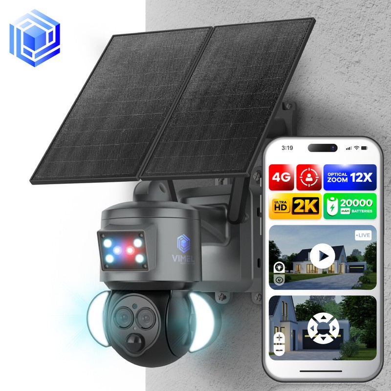 4G Security Camera Solar Powered 2K UHD Two Cams 12X Optical Zoom 24/7 Recording