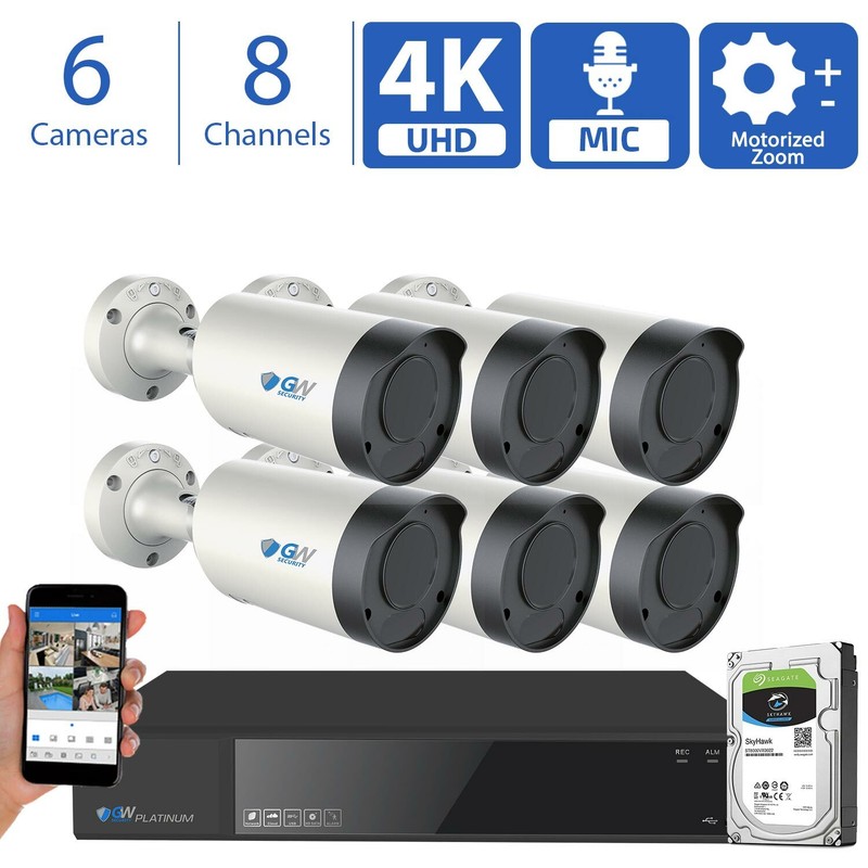 8CH NVR (6) 4K 5X Motorized Zoom Mic IP POE AI Bullet Security Camera System 2TB
