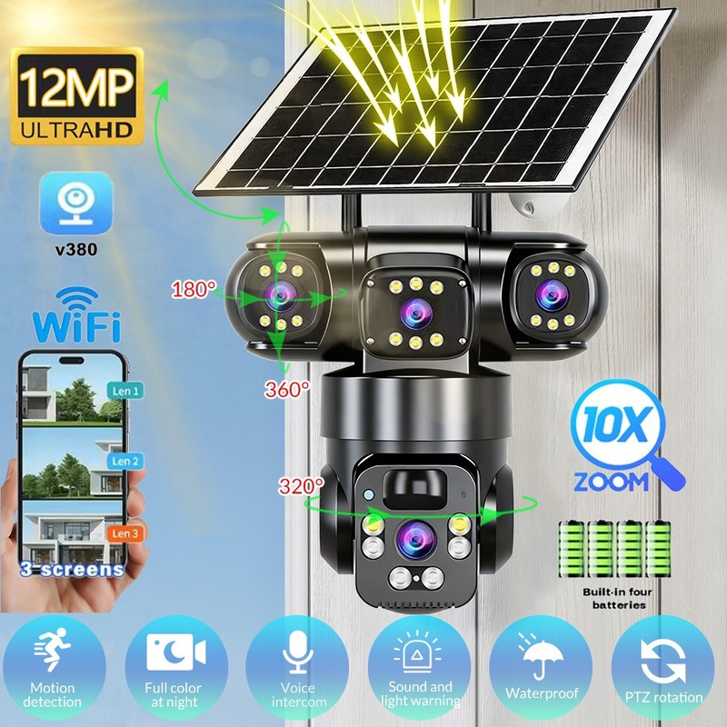 12MP 3 Lens 360° Solar Camera Outdoor Wireless WiFi CCTV Security Cam 10X Zoom