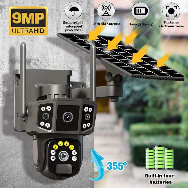 3 Lens HD 9MP WiFi Solar Battery Camera Wireless Outdoor CCTV Home Security USA