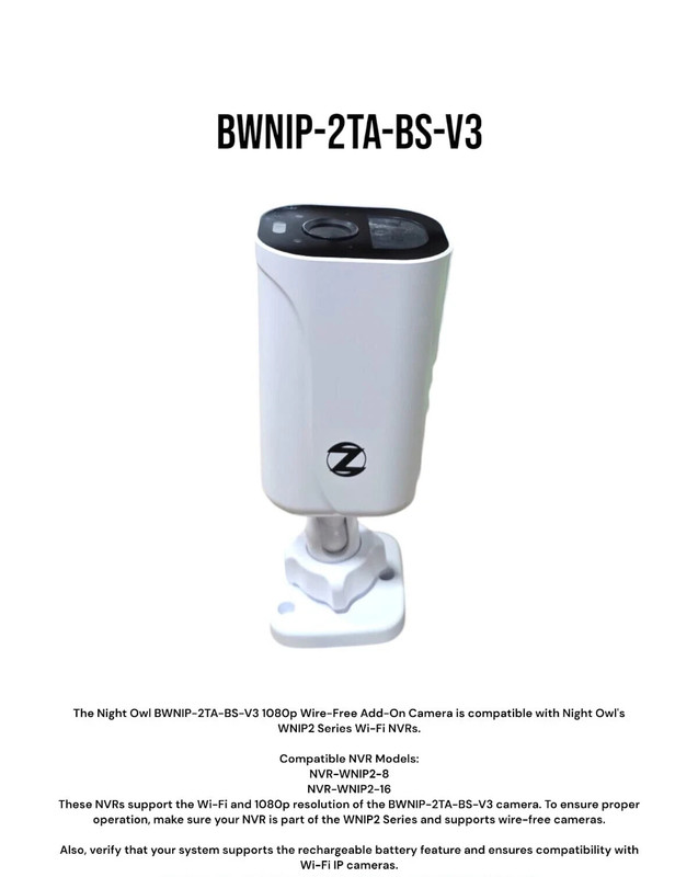 Night Owl 1080p Wire-Free Camera BWNIP-2TA-BS-V3 | No Accessories