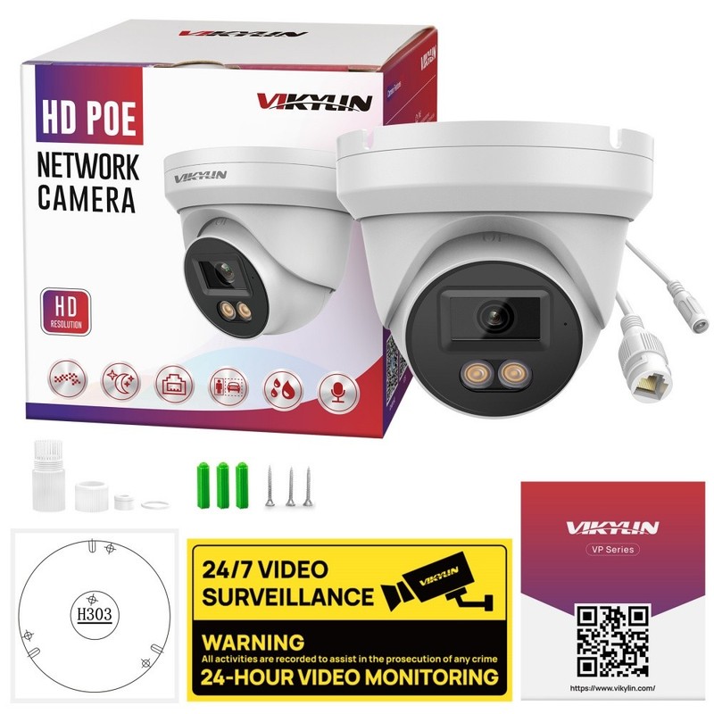 VIKYLIN 5MP PoE IP Full Color Night Vision Camera MIC Outdoor/Indoor Metal 2.8mm
