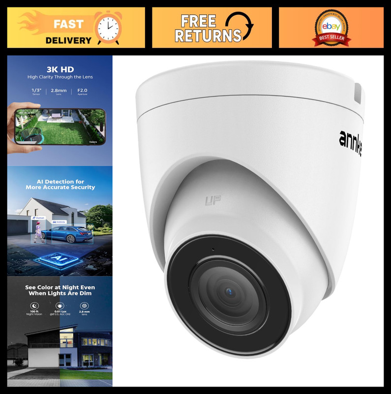 3K PoE Security Camera with Audio, Color Night Vision, AI Human Detection, IP67,