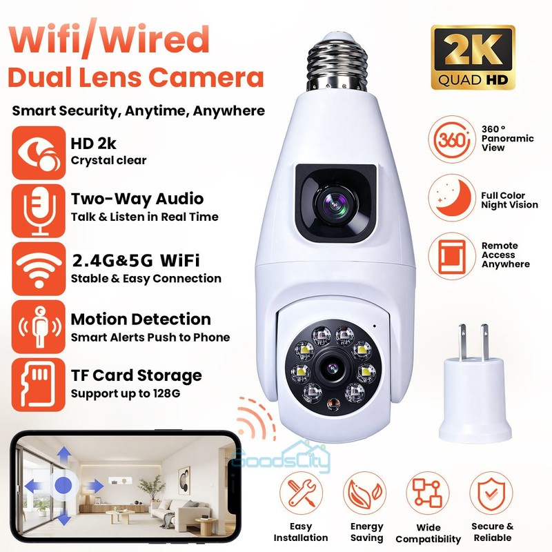 HD 2K WI-FI Security Camera Dual Lens 360° E27 Light Camera Night Home SmartCam gallery