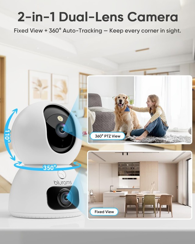 blurams 2K Dual-Lens Indoor Camera, 360° PTZ Pet Camera with Phone App, Split... gallery