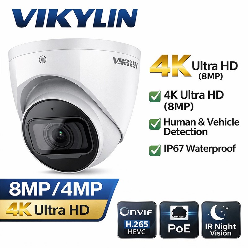 Vikylin 4K 8MP 4MP Security POE Camera MIC IR Night Version Onvif Indoor Outdoor