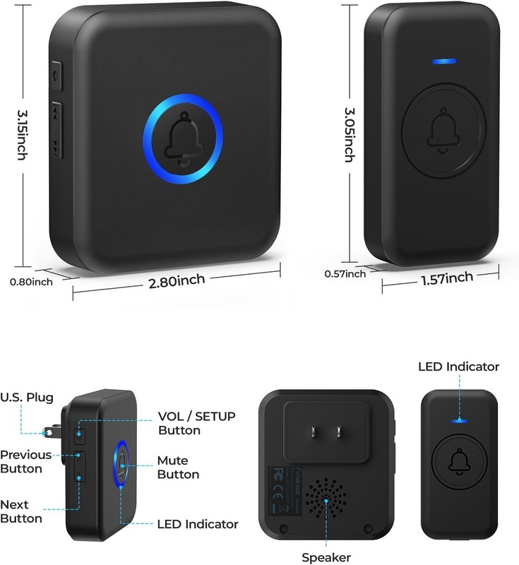 Wireless Doorbell, Waterproof Door Bell with 60 2 Receivers 1 Button, Black gallery