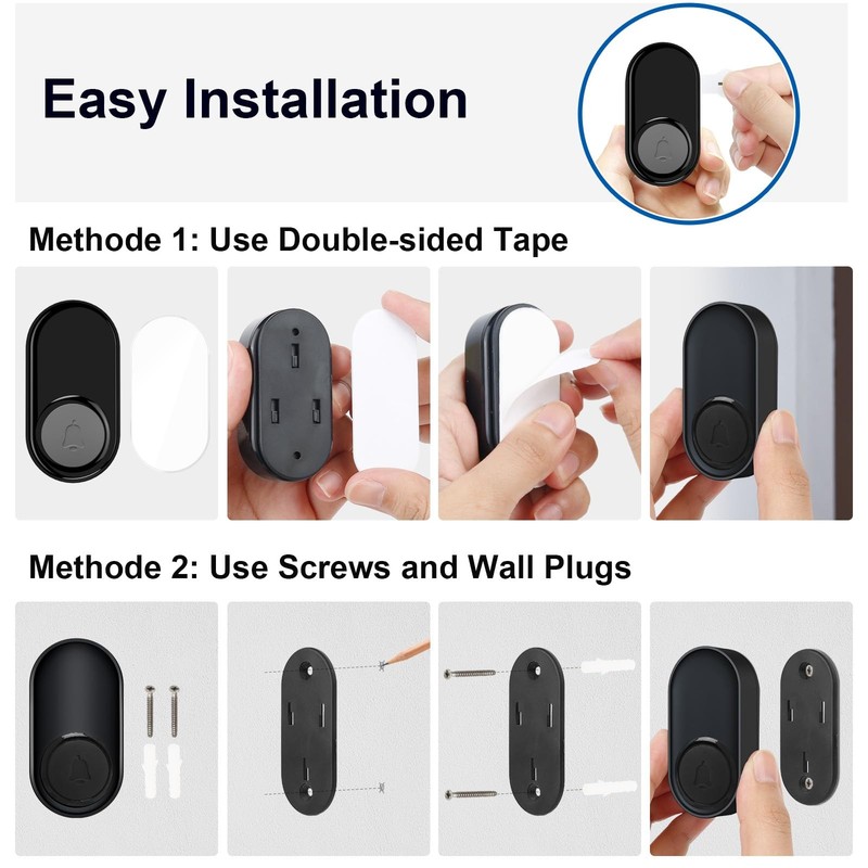 Wireless Doorbell, PHYSEN Doorbell 2 Receivers + 3 Buttons, Black gallery