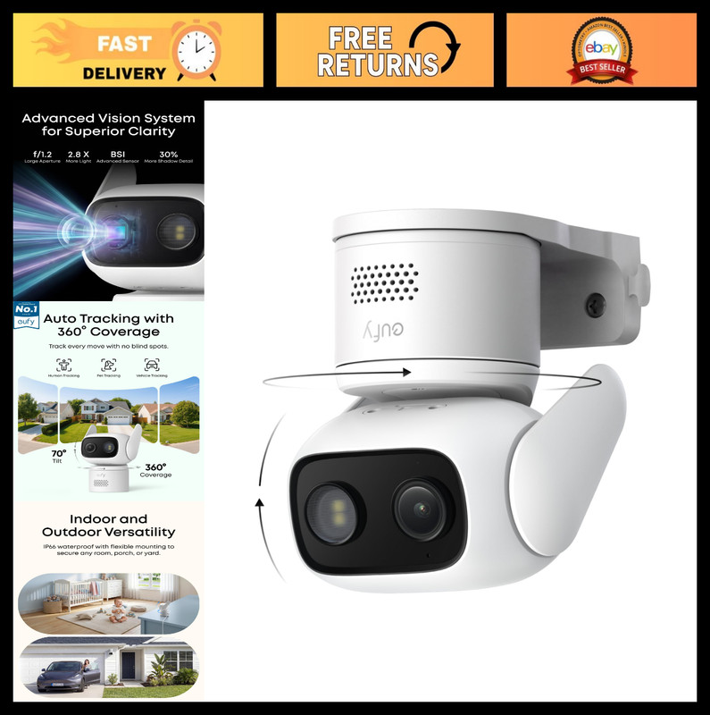 360° Pan & Tilt Security Camera, Indoor/Outdoor, AI Auto Tracking, Night Vision