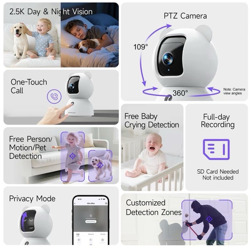 2.5K Security Camera Indoor, Non-Subscription AI Person/Pet/Cry Detection, 4M... gallery