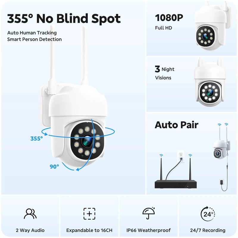 16CH 4K NVR CCTV Wireless Security Camera System 8PC PTZ WiFi Camera 2-Way Audio gallery