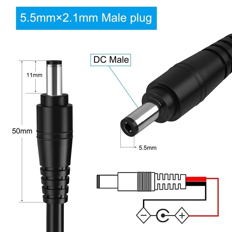 2Pack 16AWG DC Plug Connector Power Pigtails Cable,2.1mm x 5.5mm Male Black gallery
