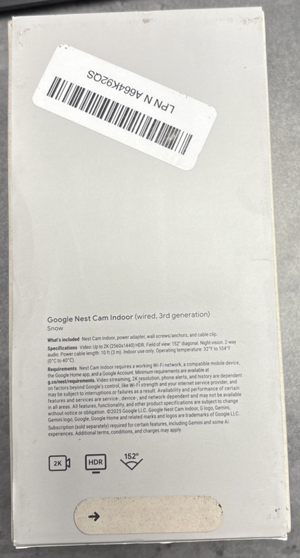 Google Nest Cam Indoor (3rd Gen) Wired 2K Video & Gemini (GA09973US/G1NRR) Snow gallery