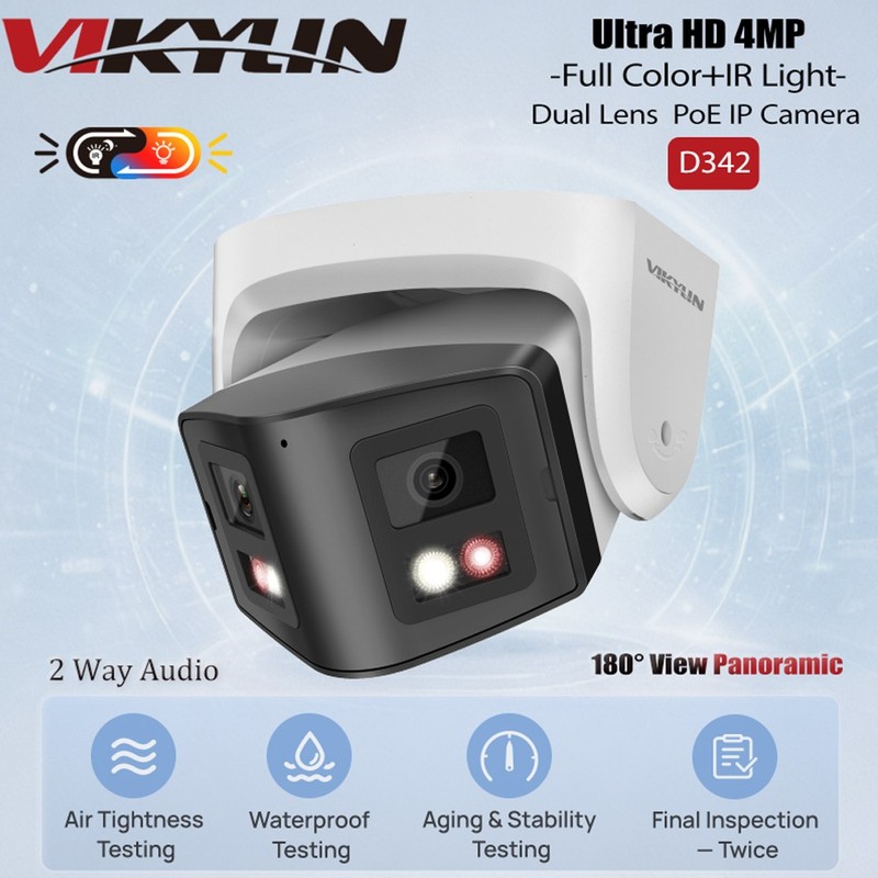 Vikylin 4MP Dual Lens 180° View Panoramic Dual Light Color Night PoE IP Camera