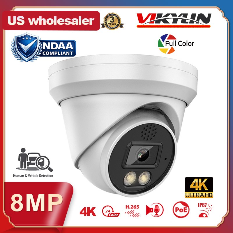 VIKYLIN 4K 8MP Full Color IP Camera PoE Mic 2-Way Audio Outdoor NDAA Onvif RTSP
