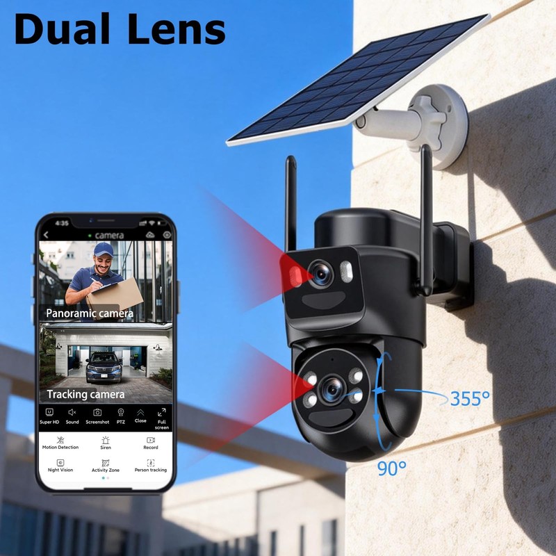 Dual Lens Solar Security Cameras Wireless Outdoor, 360° View Pan/Tilt Home Se... gallery