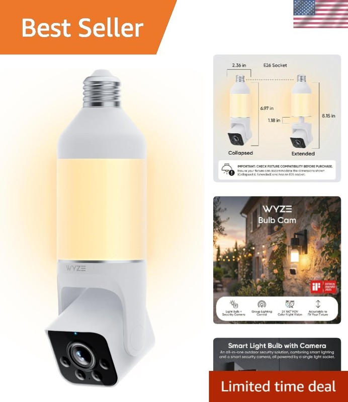 Dimmable LED Bulb Cam Security Camera - 160° View, Motion Alerts & Night Vision