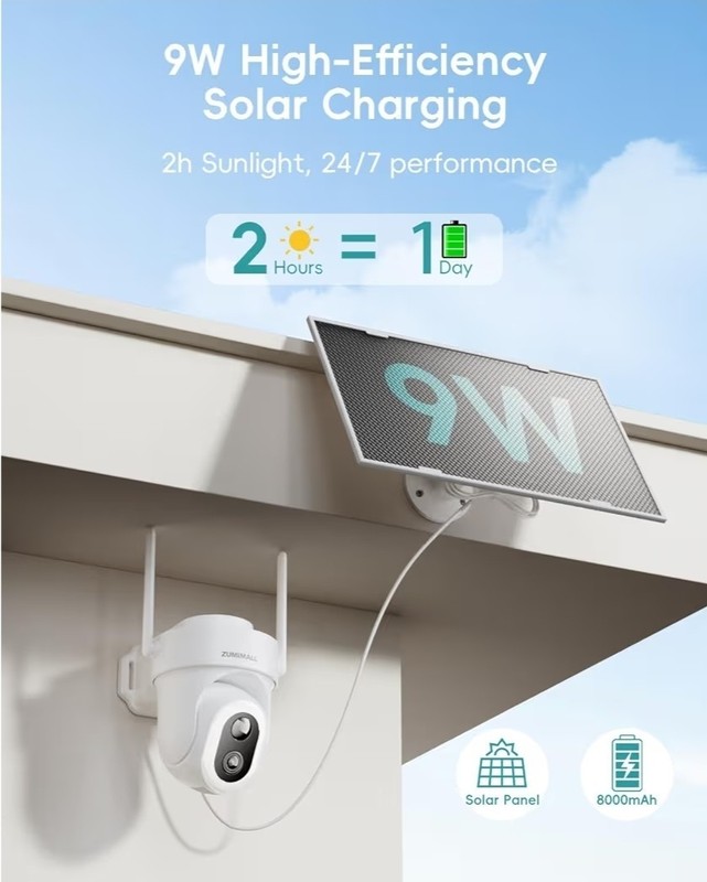 ZUMIMALL 24/7 Recording Solar Security Cameras Wireless Outdoor, 9W Solar Panel, gallery