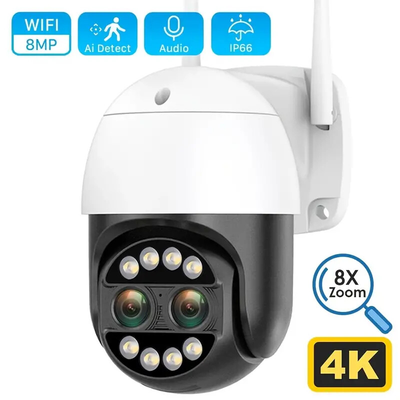 8MP 4K Wifi Security Camera Dual Lens 1-8X Zoom Outdoor PTZ IP Night Vision Cam