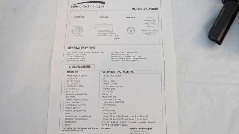 Speco VL-128RS B/W Weatherproof Bullet Camera 525 lines 3.6mm Wideangle Lens gallery