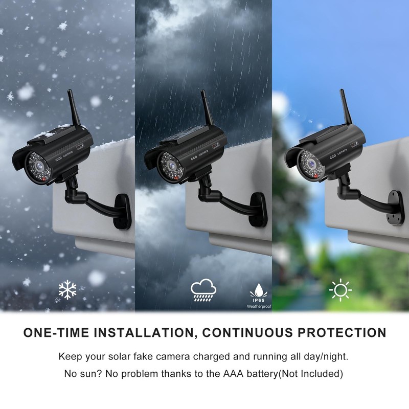 Solar Powered Fake Security Cameras 2 Pack - Realistic Dummy Cam, Weatherproof, gallery