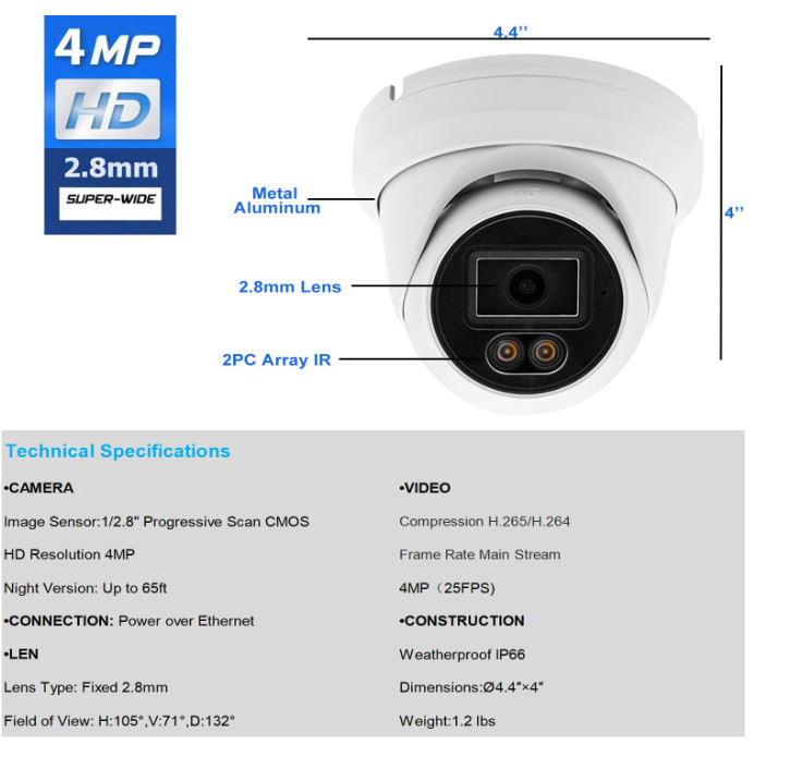 4MP PoE IP Turret Dome Camera 2.8mm Full Color w/ Audio IPC-Y4T28A-C gallery
