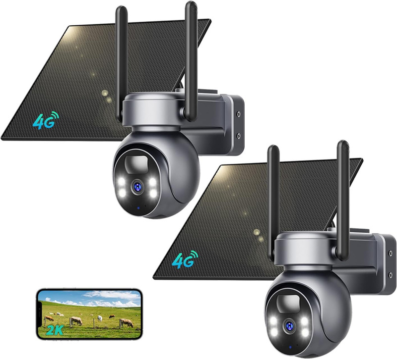 2 Pack 4G LTE Solar Security Camera, No Wifi, 2K Night Vision, 2 Way Talk