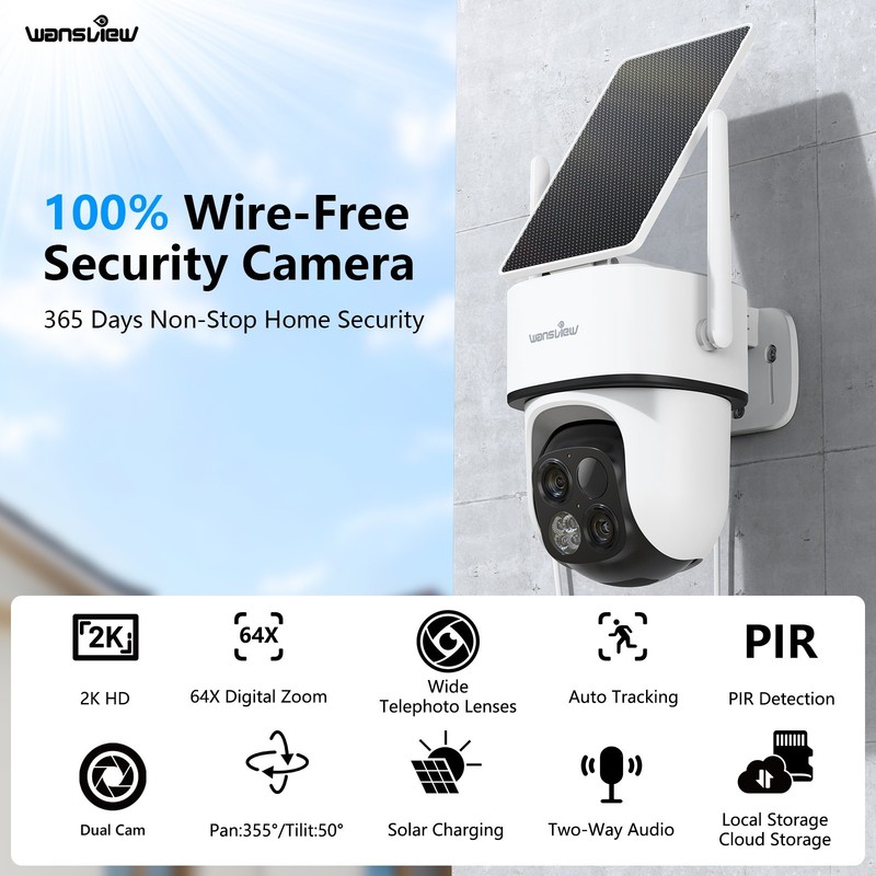 2Pack Wansview 2K 360° PTZ Solar Security Camera Outdoor Wireless WiFi Dual Lens gallery