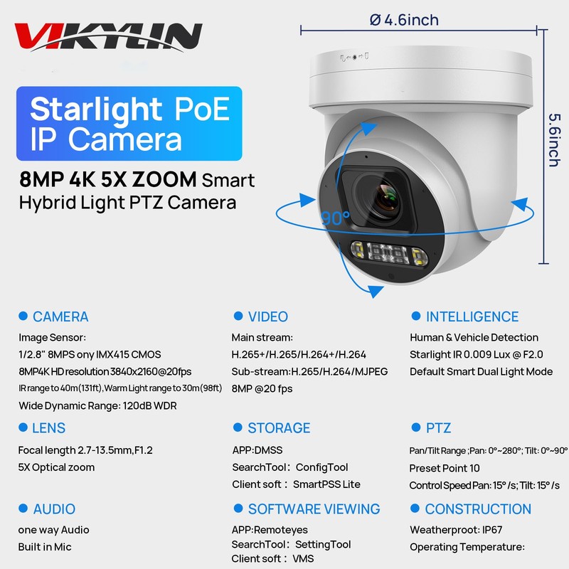 VIKYLIN Color+IR 5×Zoom POE 8MP PTZ IP Camera Onvif MIC&Speaker Factory Direct gallery
