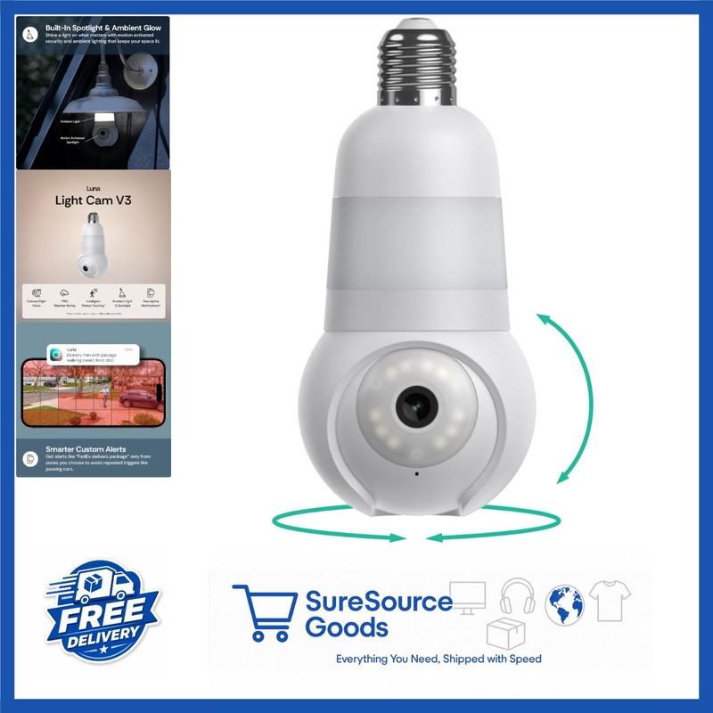360° Pan Tilt Light Bulb Security Camera with Color Night Vision & Two-Way Talk
