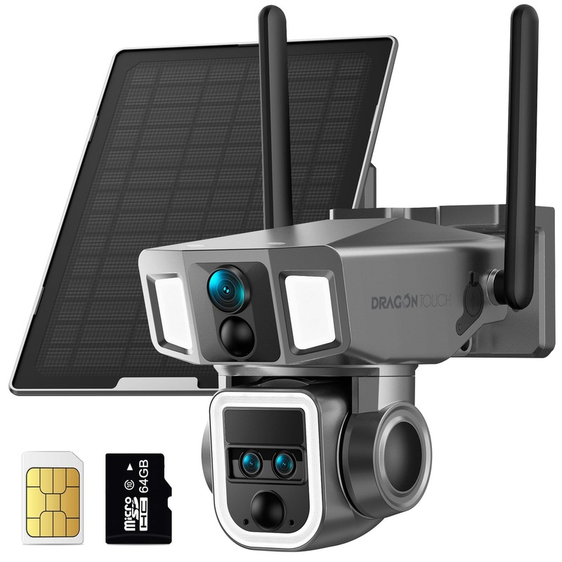4G Cellular Security Camera, 4K Wireless Outdoor Solar Camera Triple Lens Bul…