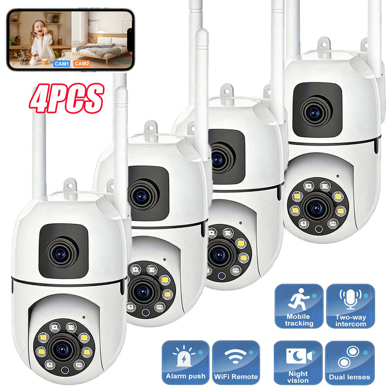 4PCS Dual Lens Outdoor Security Camera 5G WiFi Night Vision PTZ Auto Tracking