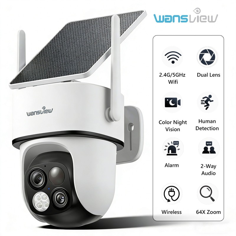 Wansview Dual Lens Security Camera Wireless Outdoor 360°PTZ Camera Solar Powered