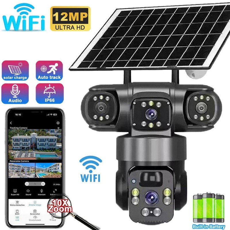 Wireless 3 Lens 12MP Solar Battery Home Security Camera Outdoor Wifi PTZ CCTV US gallery