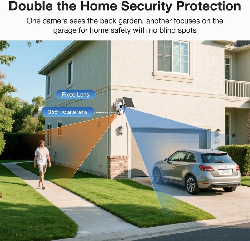 Dual Lens Solar Security Cameras Wireless Outdoor, 2K Full HD Video, 360° Vie... gallery