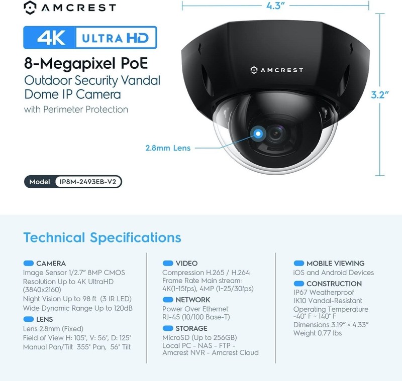 Amcrest 4K IP PoE Camera UltraHD 8MP Dome Security IP8M-2493EB-V2 Warranty gallery