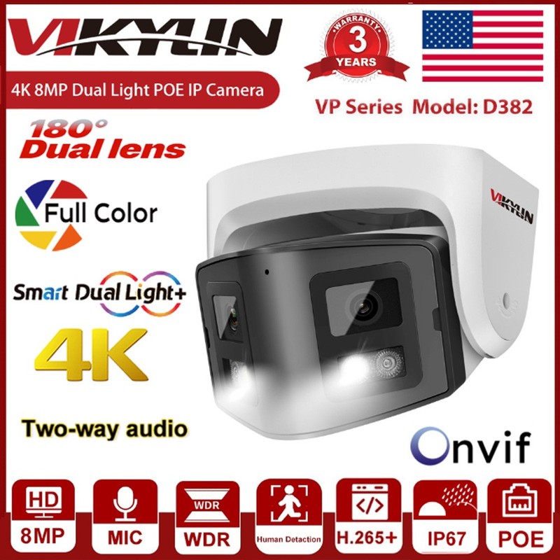 Vikylin 4K 8MP Dual Lens POE IP Camera 180° Panoramic Color Night Vision Onvif